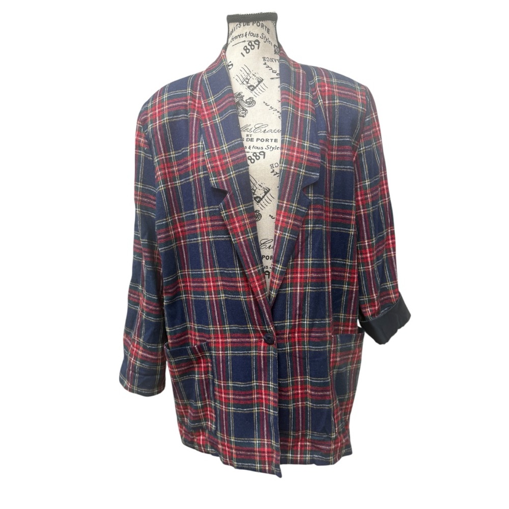 Vintage 80’s Oversized Long Plaid Jacket Blazer Pockets Shoulder Pads Wool Blend